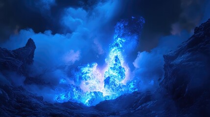 A dramatic eruption of blue lava surrounded by a smoky volcanic atmosphere