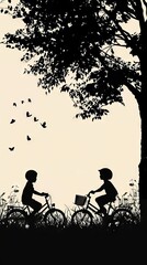 Two children riding bikes in a field with birds flying in the background
