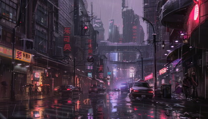 Obraz premium Rainy Night in a Neon City