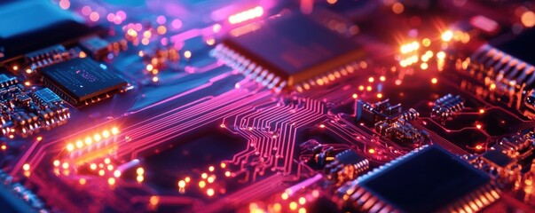 Obraz premium Close-up of a circuit board with vibrant lights and colors.