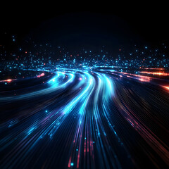 Optical data concept depicted by abstract glowing lines on a dark background. The high speed, vast capacity data transmission enabled by optical fiber technology in today's digital age. Generative AI