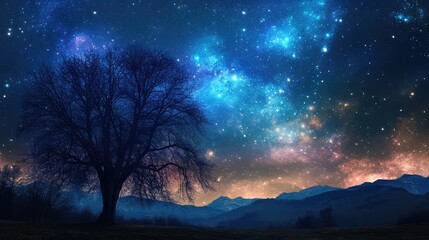 A dramatic night sky filled with stars over a tranquil landscape