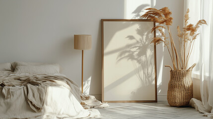 Wooden frame mockup in elegant bedroom. Bed, floor lamp. Sunlit. Serene atmosphere