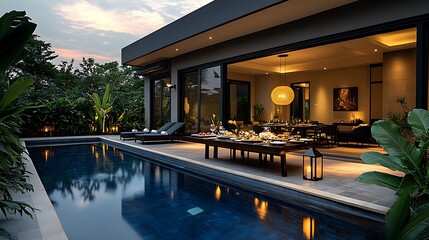 Obraz premium A luxury couple's poolside dinner at twilight, designer tableware and gourmet food displayed elegantly, soft warm glow from lanterns, reflections of the pool shimmering,