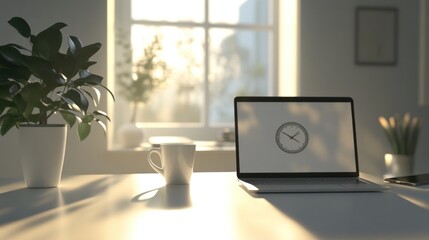 Fototapeta premium A serene workspace featuring a laptop, coffee cup, and a plant by a sunlit window.