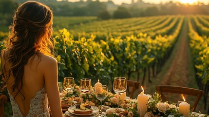 Fototapeta premium A luxury dinner at dusk in an exclusive vineyard, table adorned with candles and flowers, couple enjoying gourmet dishes and wine, grapevines extending into the distance,