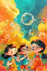 Fototapeta premium A painting of three children blowing bubbles