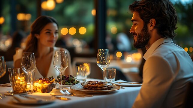 A luxury dinner at a Michelin-star restaurant, couple seated at an elegantly set table with gourmet food, soft ambient lighting, modern decor with gold accents, couple in formal evening wear,