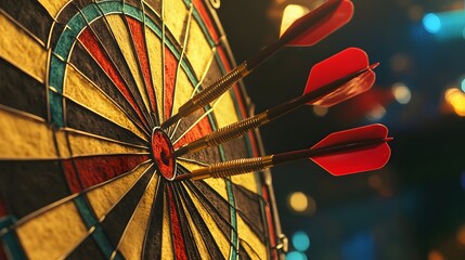 Three darts and business target background and copyspace on the left. Marketing and advertising concept. 