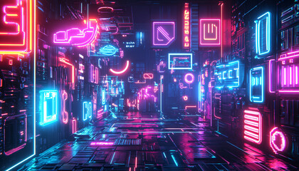  Bright, glowing neon signs in various shapes and colors, with a futuristic, cyberpunk-style backdrop