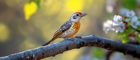 A colorful bird perched on a branch surrounded by blooming flowers in a serene natural setting during springtime