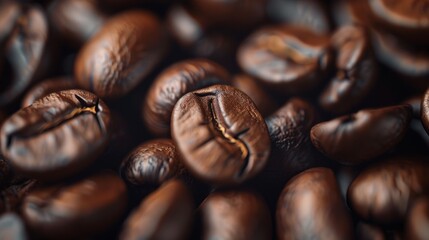 Close up of coffee bean background, top view. Photorealistic high resolution macro photography for advertising or food design.