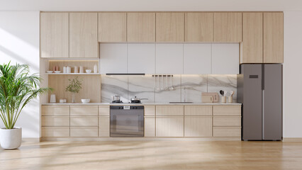 Modern minimal kitchen room interior, with wooden cabinets with plants and wood floor.3d render