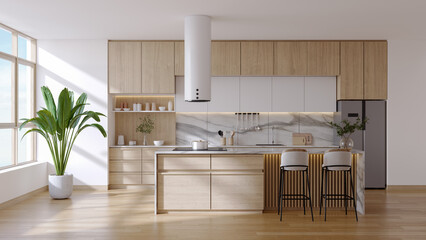 Modern minimal kitchen room interior, with wooden cabinets  and contemporary dinning island with plants and wood floor.3d render
