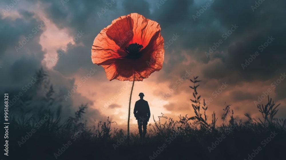 Wall mural Artistic depiction of a red poppy in the shape of a soldier silhouette