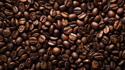 Obraz premium Close up of coffee bean background, top view. Photorealistic high resolution macro photography for advertising or food design.