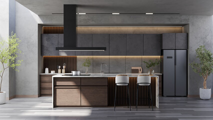 Modern loft  kitchen room interior with marble dinning island table and contemporary chair with  black lamp and wood floor.3d render