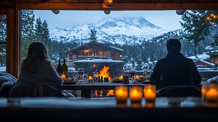 A romantic candlelit dinner in a rustic cabin, roaring fireplace casting a warm glow, couple seated at a wooden table, gourmet food and wine, cozy furnishings with soft blankets,