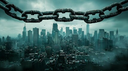 Naklejka premium Cityscape with Rusted Chain Urban Concept Dark Fog Gloomy Atmosphere