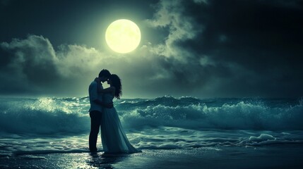 Young couple embracing on moonlit beach, gentle waves crashing, soft moonlight illuminating their joyful expressions, serene atmosphere filled with romance and tranquility