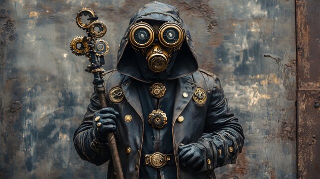 A steampunk adventurer costume with goggles, gears, and a leather trench coat, holding a mechanical staff