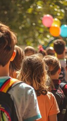 A group of people are standing in a line, with some of them wearing backpacks
