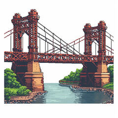 Pixelated game art 16 bit design of a bridge on a white background