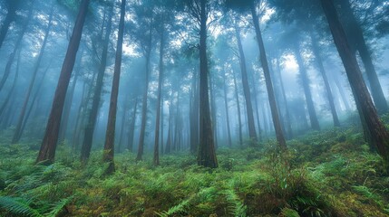 Obraz premium A foggy morning in a dense forest with towering trees