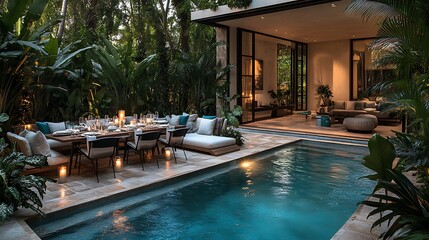 Fototapeta premium A romantic poolside dinner with designer tableware, candlelit table set with fine china, soft evening light reflecting off the water, modern poolside furniture, tropical plants framing the scene,