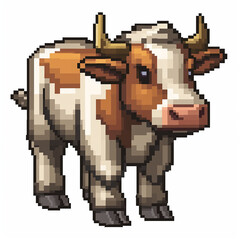 Pixelated game art 16 bit design of a brown spotted cow on a white background