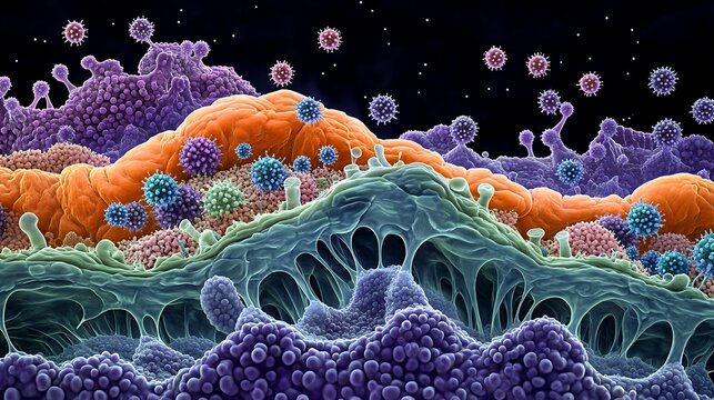 Virus Binding to Lung Cells A detailed view of virus particles binding to receptors on lung epithelial cells, showing the early stages of infection.