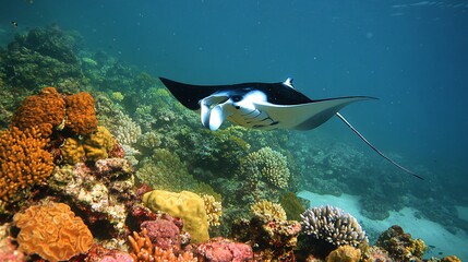 A majestic manta ray glides gracefully through the clear blue water over a vibrant coral reef.