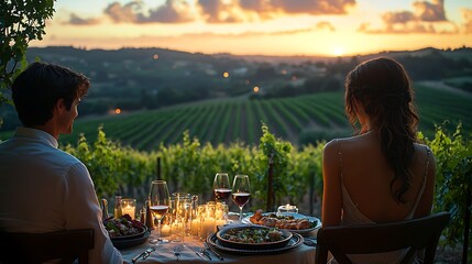 A vineyard dinner at golden hour, elegant couple seated at a candlelit table, soft light illuminating the grapevines, gourmet food and wine, sunset casting long shadows over the rolling hills,