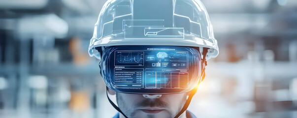 Engineer Wearing Augmented Reality Glasses for Enhanced Data Visualization in an Industrial Environment