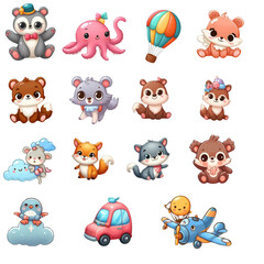 Cartoon pictures, animals and balloons, cars are beautifully colored drawings, transparent background.