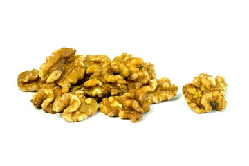 Roasted Walnut isolated on white background closed up stacking. Dieting food concept.