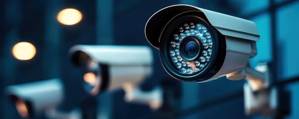 Obraz premium Surveillance cameras in urban environment, focused view