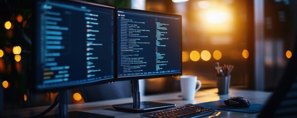 Two computer monitors displaying code at sunset.
