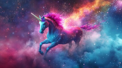 Fototapeta premium Vibrant Unicorn Dreamscape, a surreal world filled with a kaleidoscope of colors, where a lively unicorn dances joyfully, leaving a sparkling trail of stars behind.