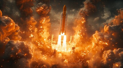 A rocket launches into space, surrounded by a fiery cloud of smoke and flames.