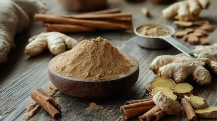 Maca powder with Ground ginger and cinnamon surrounded by fresh ginger roots and cinnamon sticks on a wooden countertop