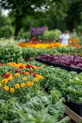 A vibrant display of vegetables and flowers in a community garden. The colorful array showcases the hard work
