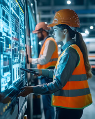 Engineers Monitoring Operations with Advanced Digital Displays in a Warehouse Environment