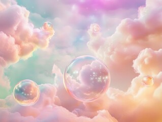 Serene pastel clouds with floating bubbles create a dreamy, whimsical atmosphere, showcasing a blend of soft colors and ethereal beauty.