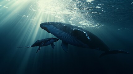 A humpback whale mother and calf swim through sunlit ocean water.