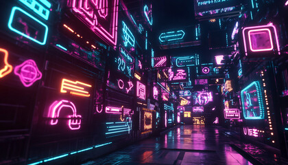 Fototapeta premium Bright, glowing neon signs in various shapes and colors, with a futuristic, cyberpunk-style backdrop