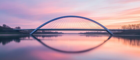 A modern bridge arching over calm waters under a colorful sunset, creating a stunning reflection.