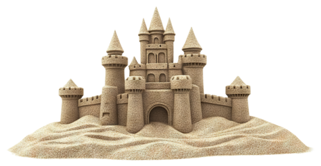 Detailed sandcastle with towers, isolated on transparent cutout background