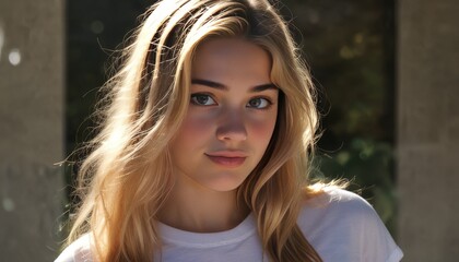 Naklejka premium A blonde woman with long hair is smiling at the camera
