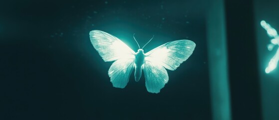 A luminous butterfly floats ethereally against a dark backdrop, creating a striking contrast and evoking a sense of wonder.
